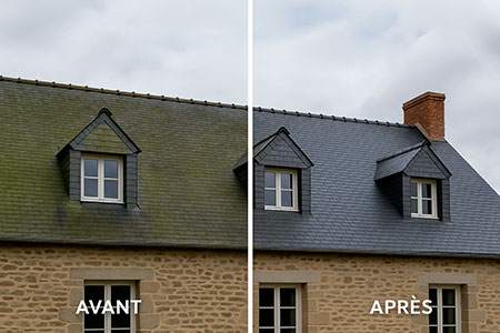 Nettoyage doux ardoises naturelles sur une longère rénovée à Rennes