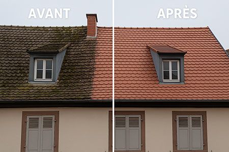 Démoussage d’un toit en tuiles plates d’une maison de ville à Strasbourg