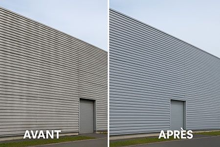 Nettoyage de bardage métallique d’un entrepôt logistique près de Bordeaux